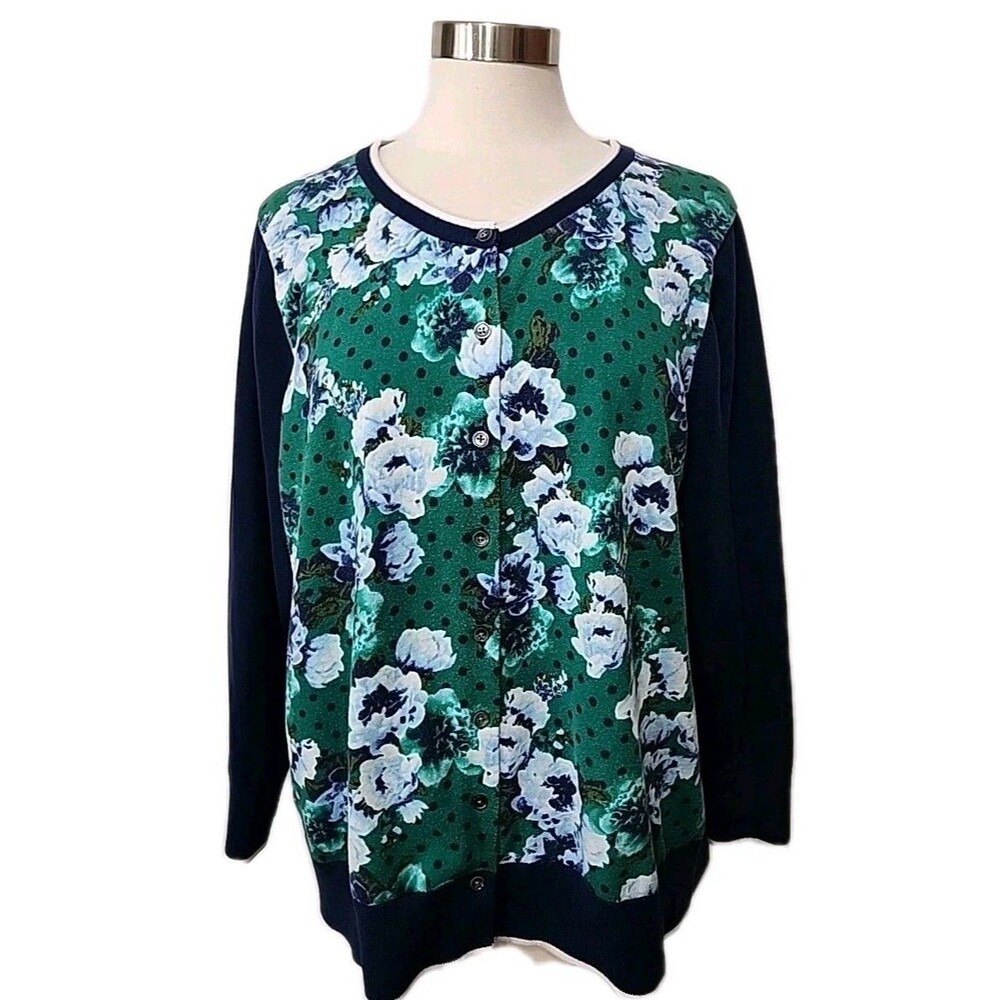 Lands' End Cardigan Sweater Womens 2X Button Green Floral Navy Blue Long sleeve